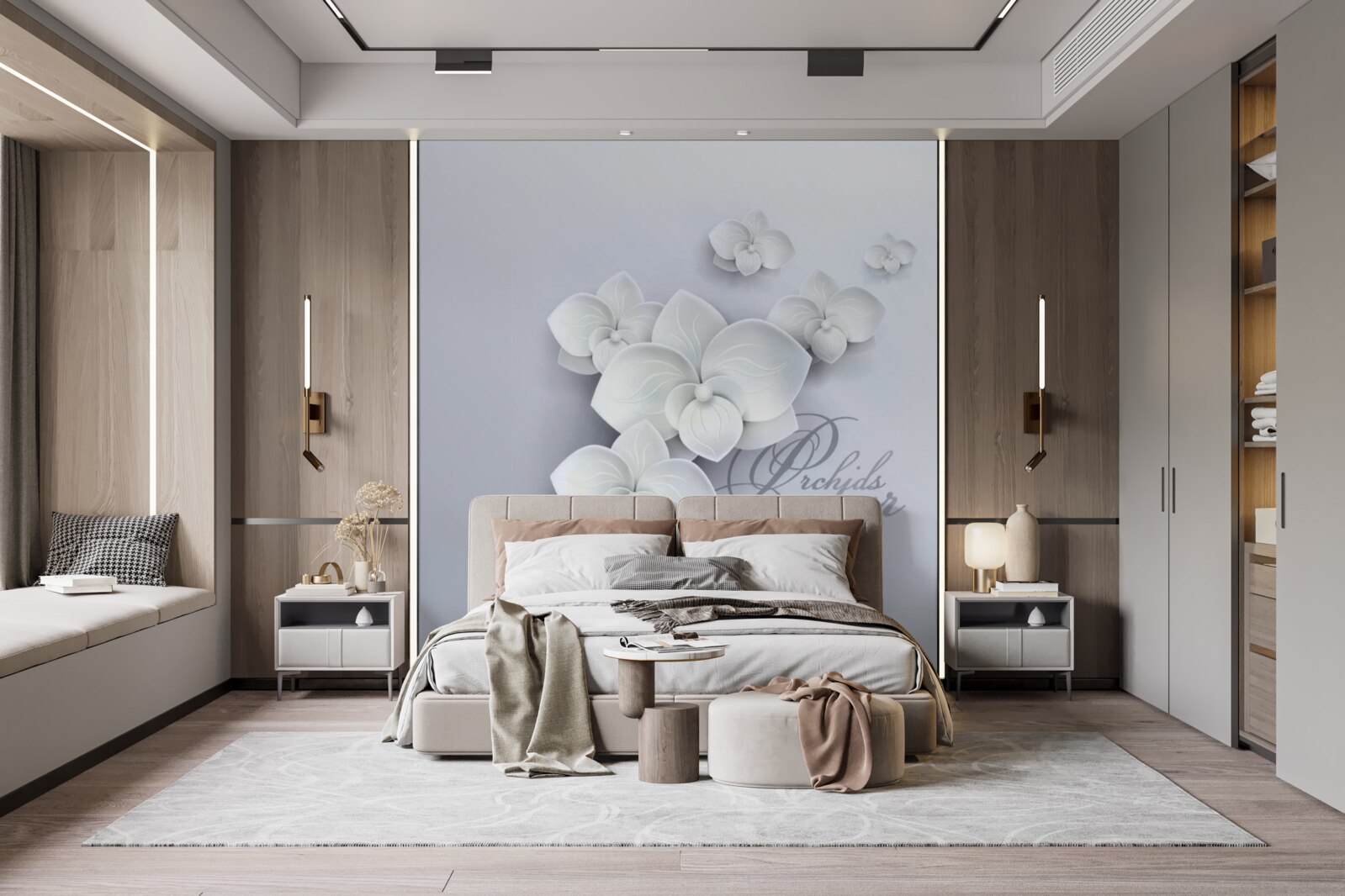 Fotobehang grijze achtergrond versierd met witte orchideeën