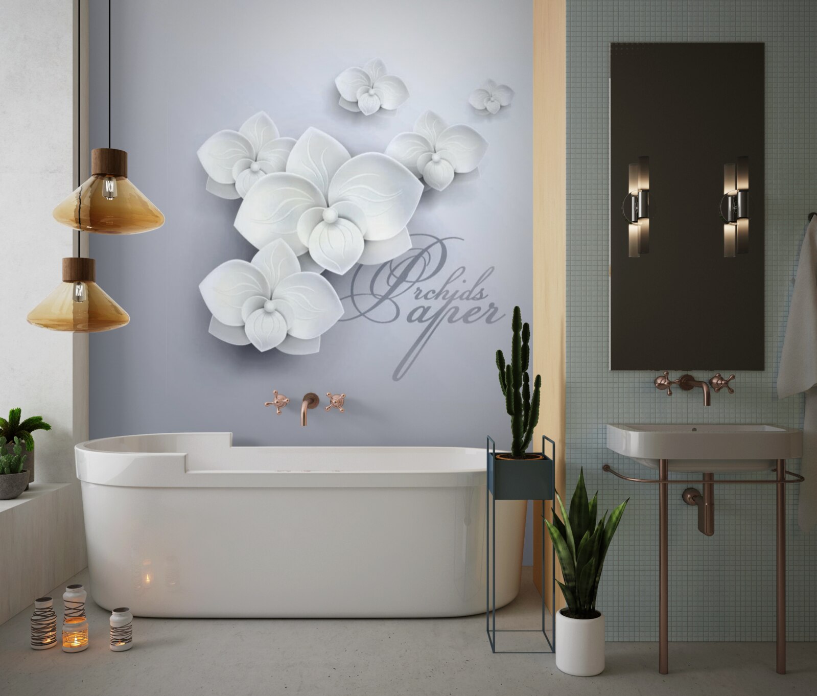 Fotobehang grijze achtergrond versierd met witte orchideeën