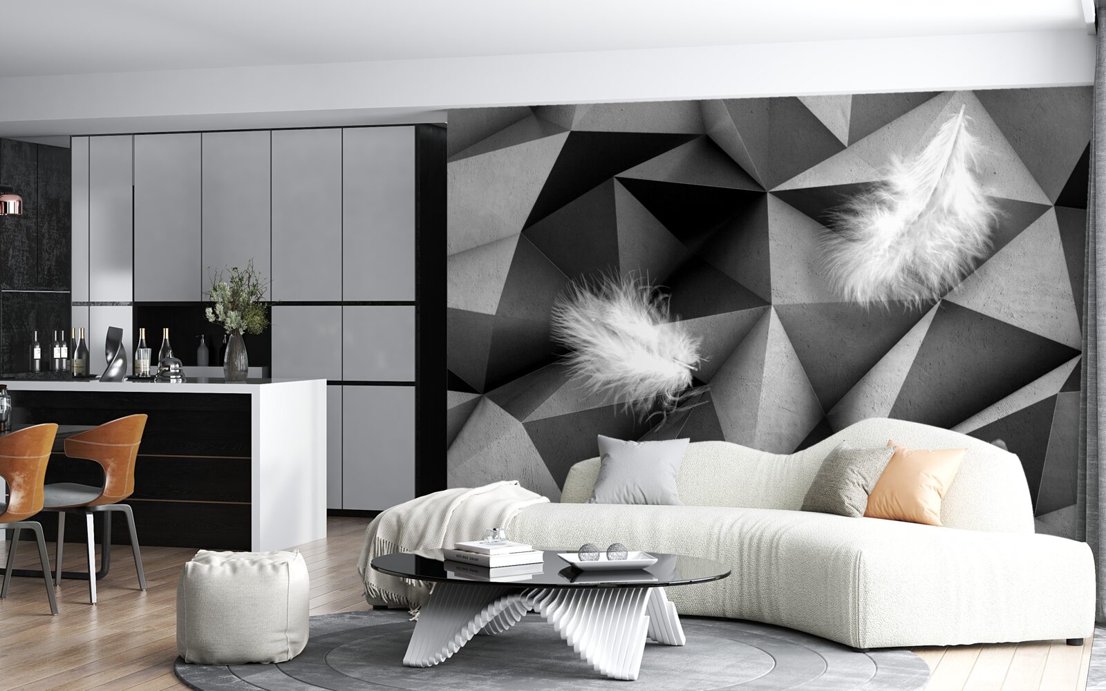 Fotobehang witte veren en kubistische stijl