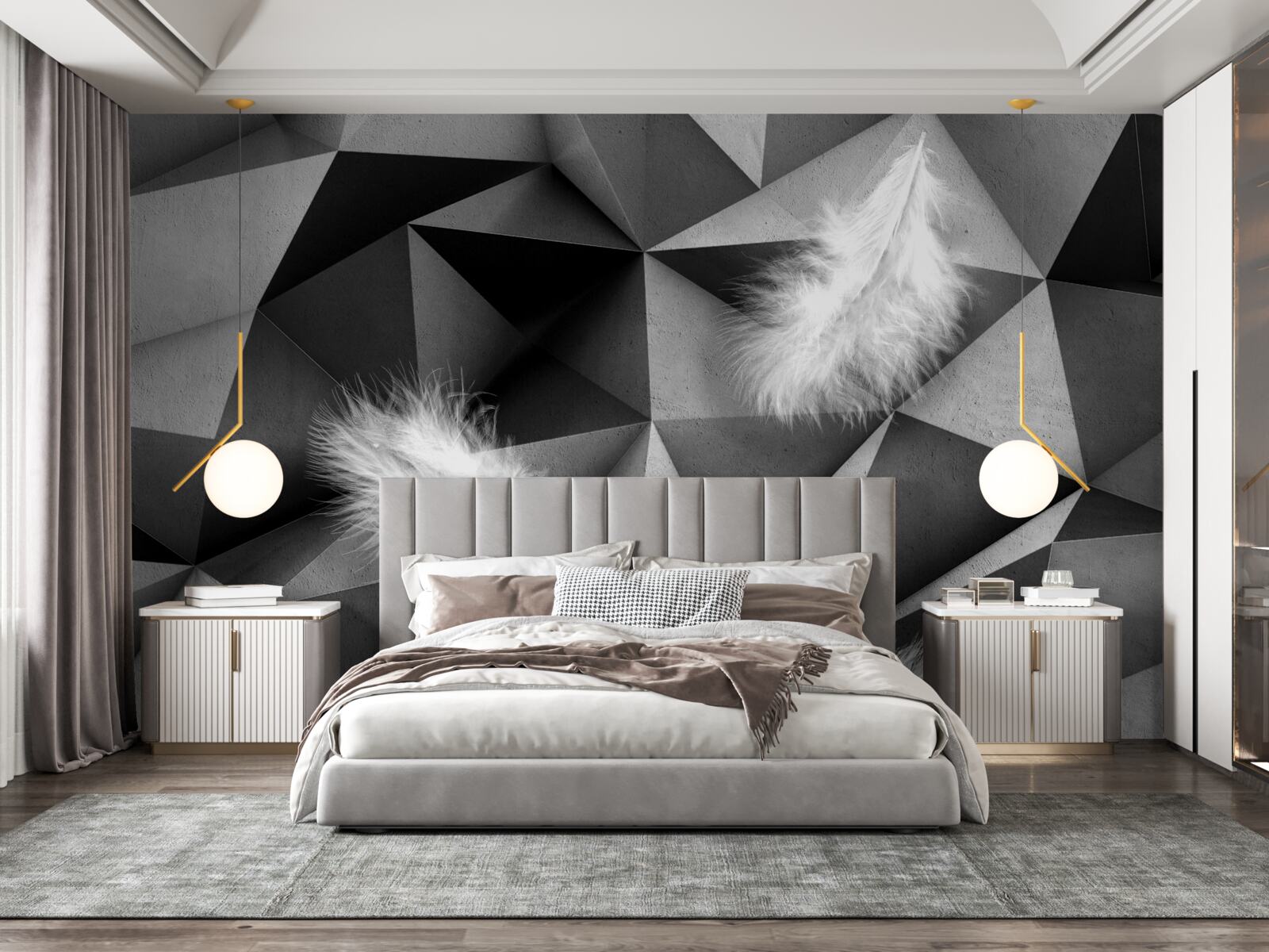 Fotobehang witte veren en kubistische stijl