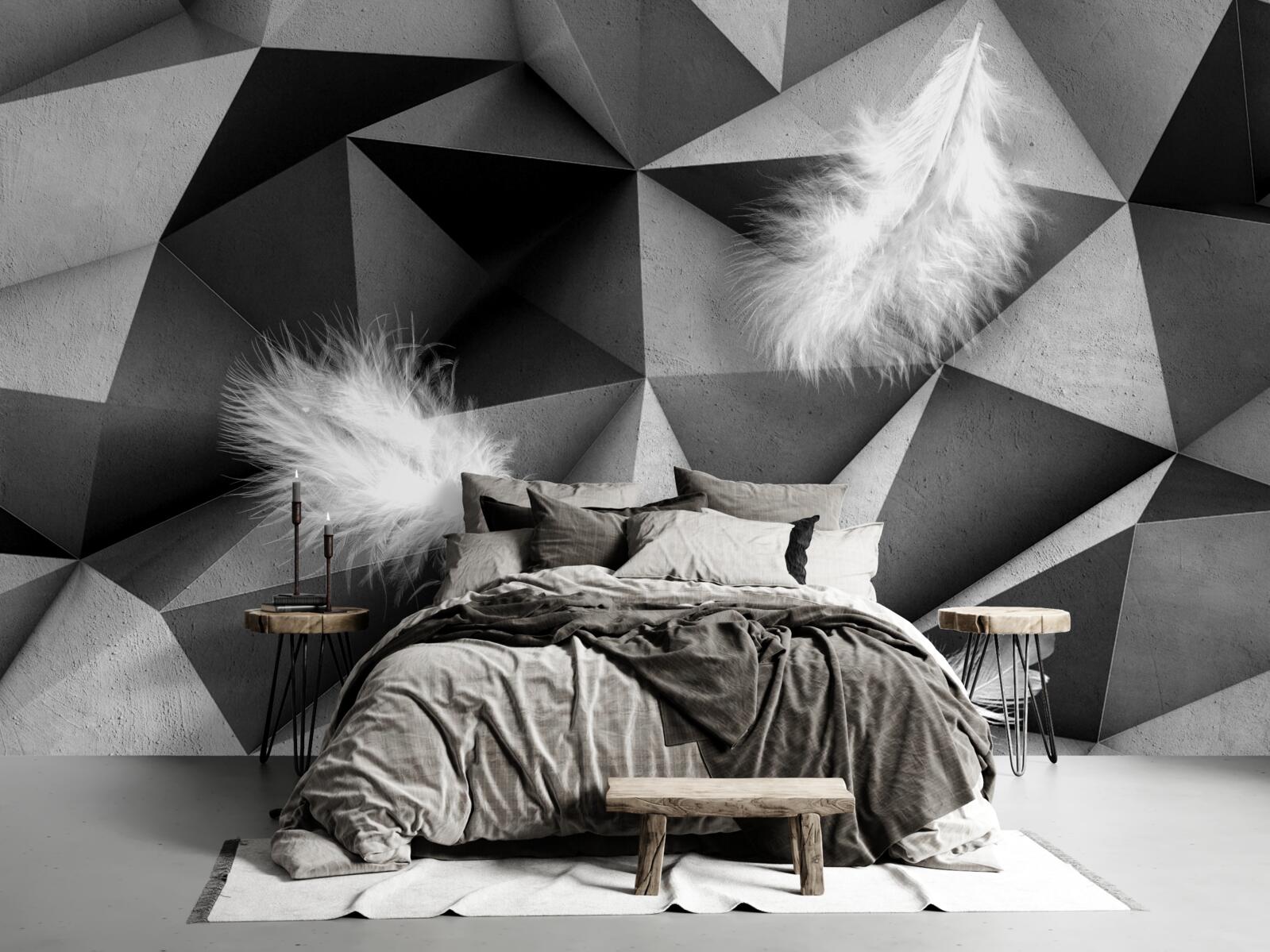 Fotobehang witte veren en kubistische stijl