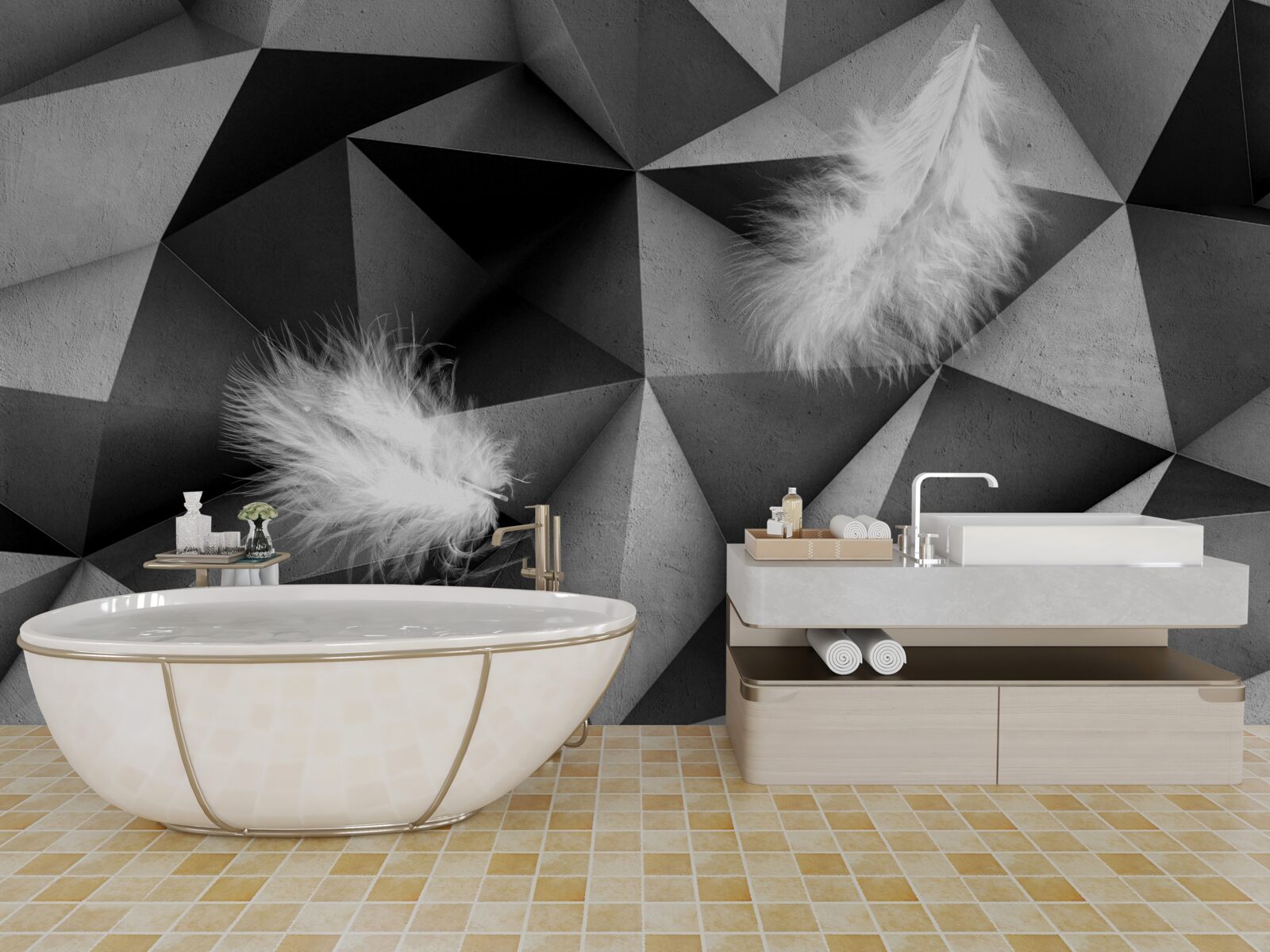 Fotobehang witte veren en kubistische stijl