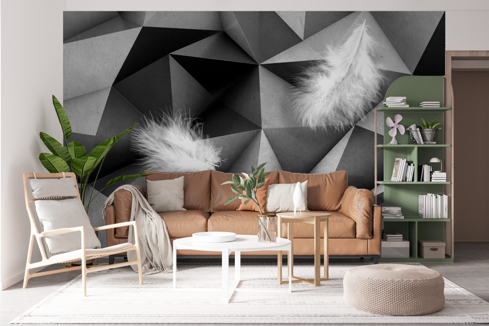 Fotobehang witte veren en kubistische stijl