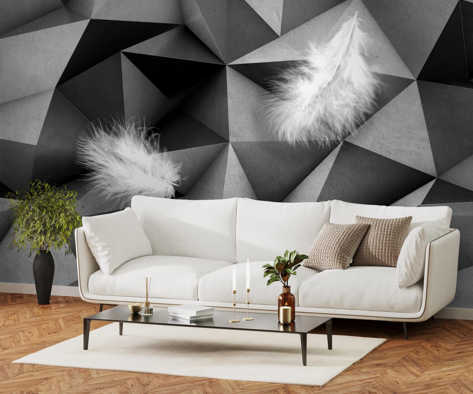 Fotobehang witte veren en kubistische stijl
