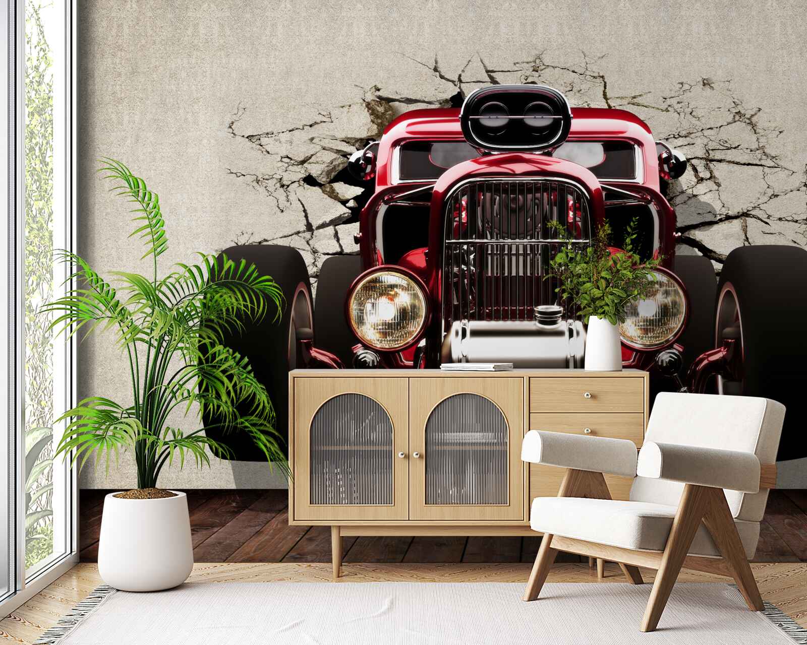 Fotobehang een rode auto komt uit de muur