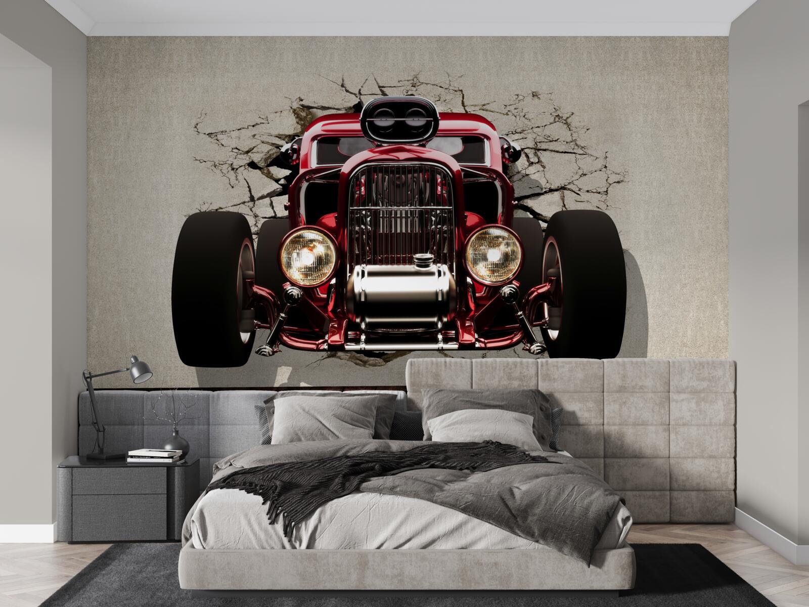 Fotobehang een rode auto komt uit de muur