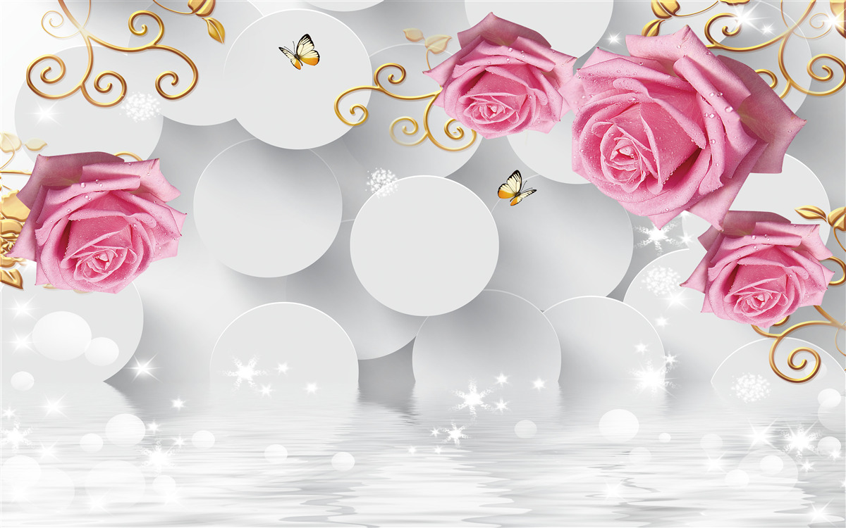 Fotobehang witte cirkels omlijsten roze rozen