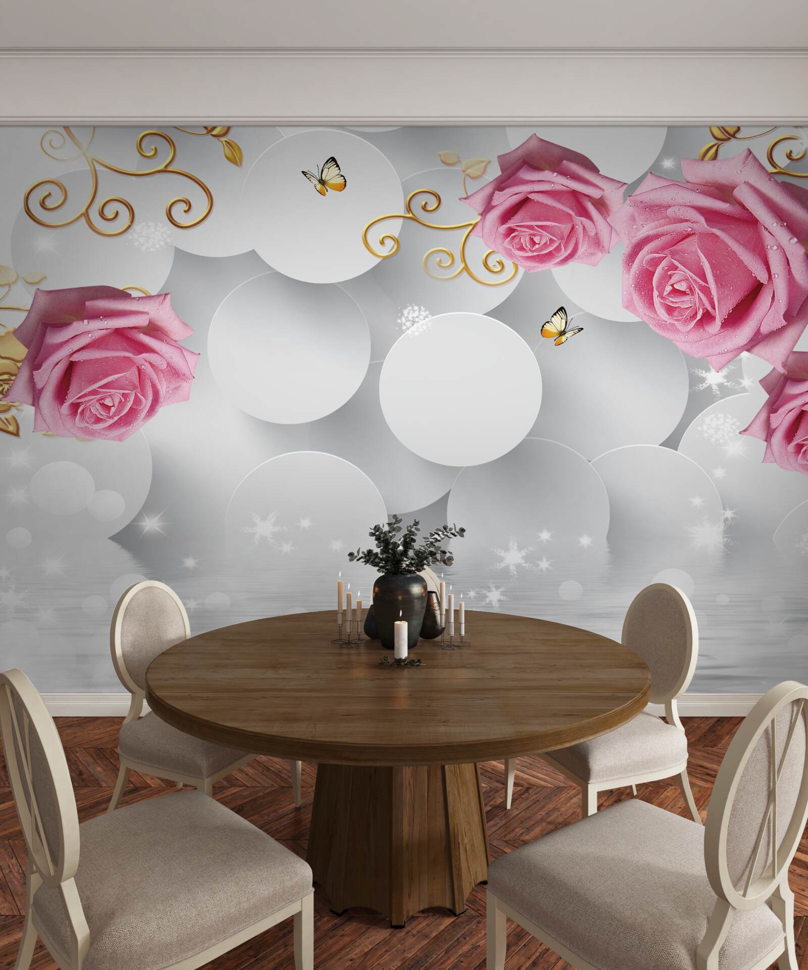 Fotobehang witte cirkels omlijsten roze rozen