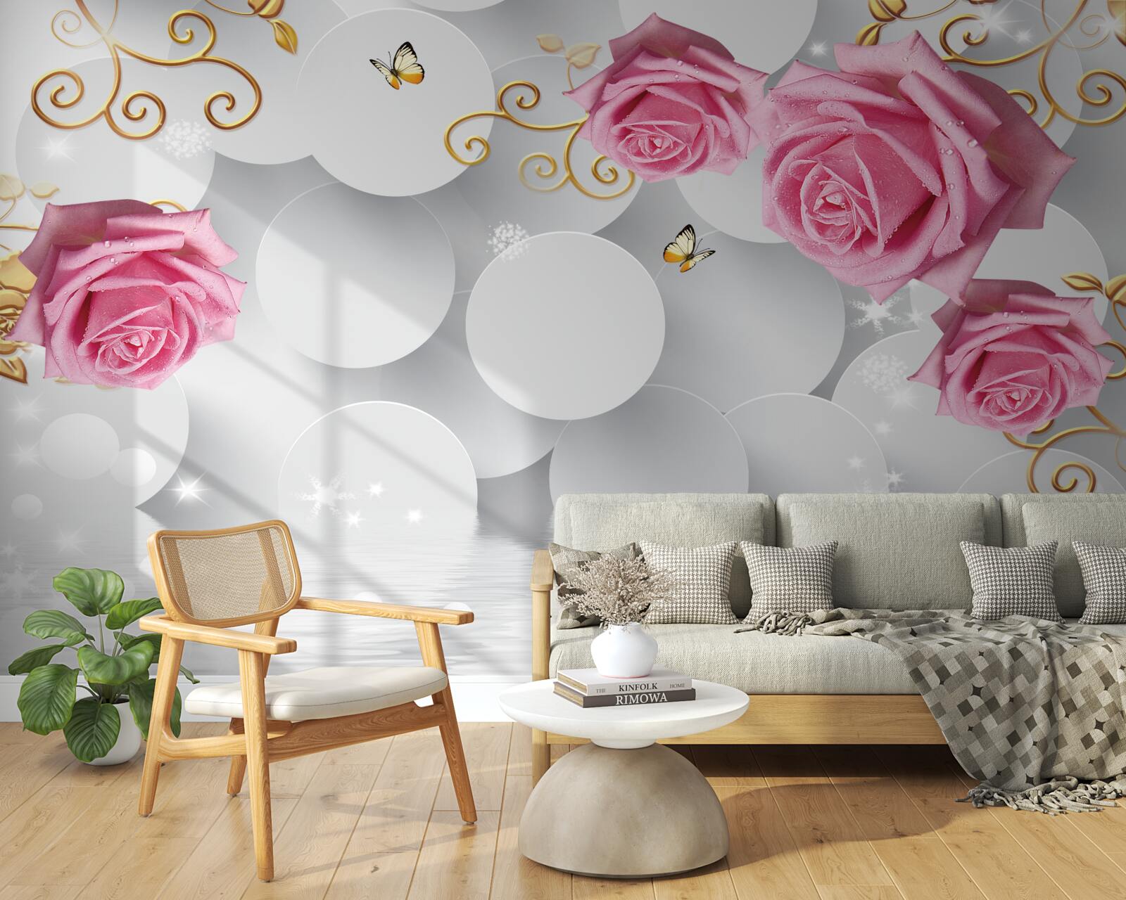 Fotobehang witte cirkels omlijsten roze rozen