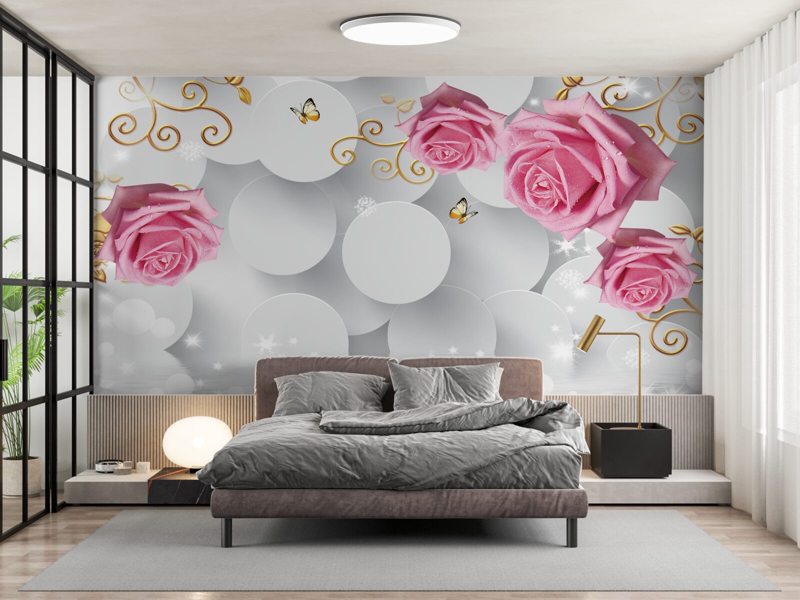 Fotobehang witte cirkels omlijsten roze rozen