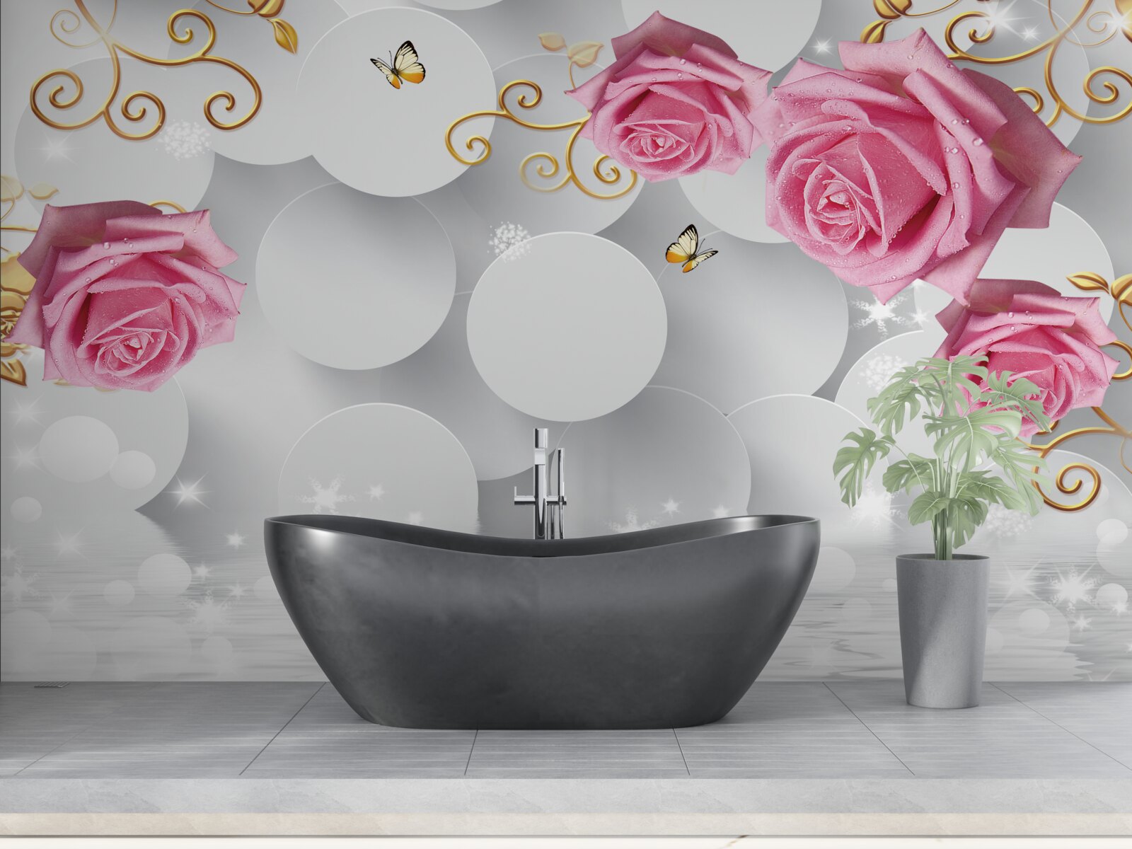 Fotobehang witte cirkels omlijsten roze rozen