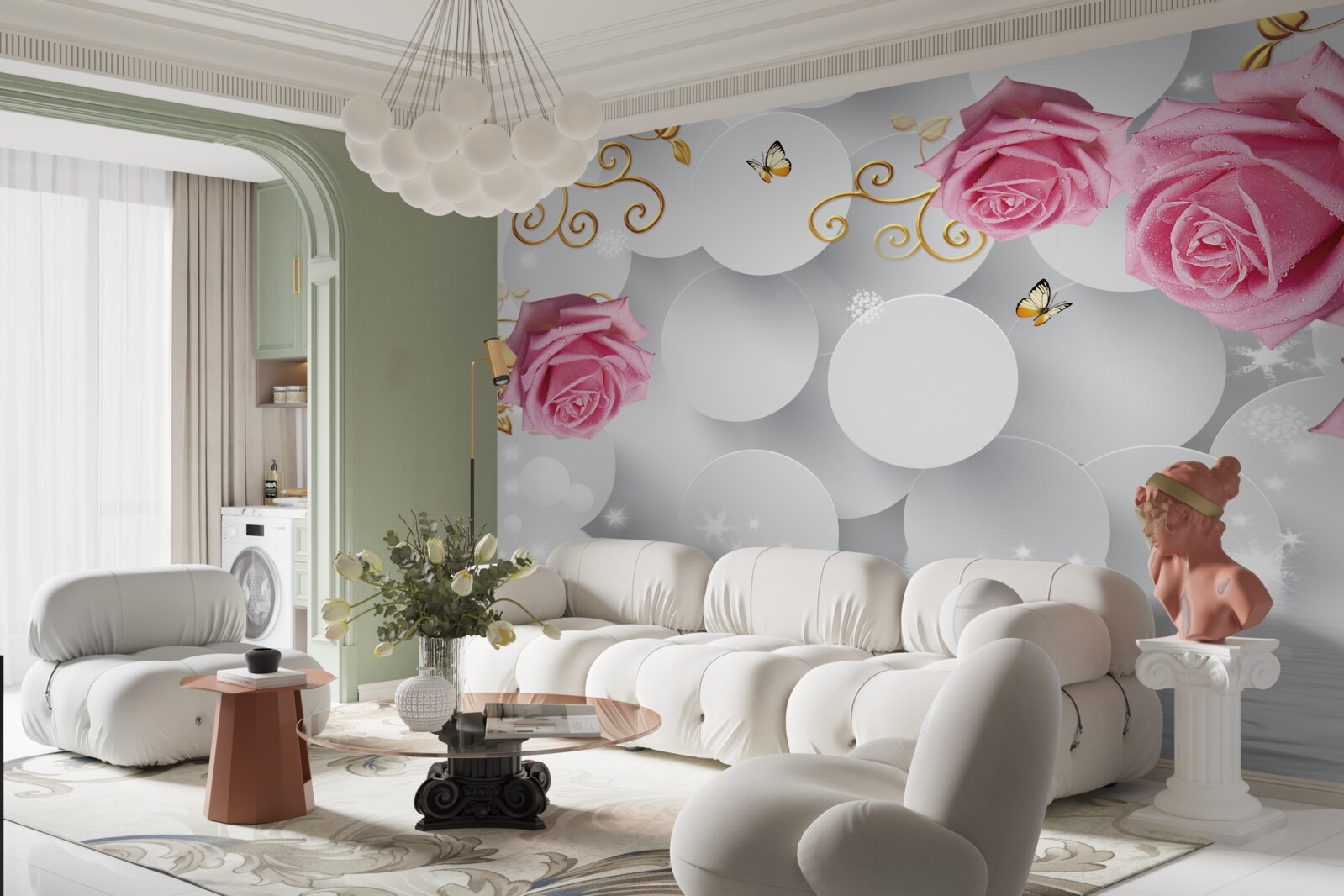 Fotobehang witte cirkels omlijsten roze rozen