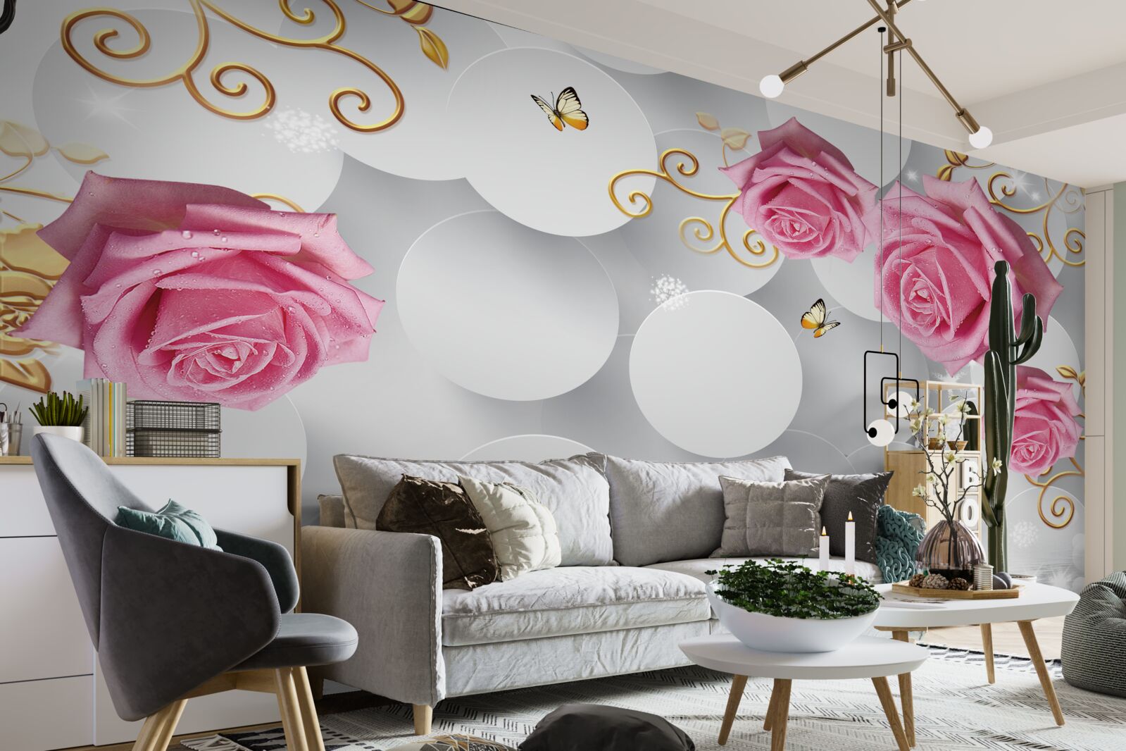 Fotobehang witte cirkels omlijsten roze rozen