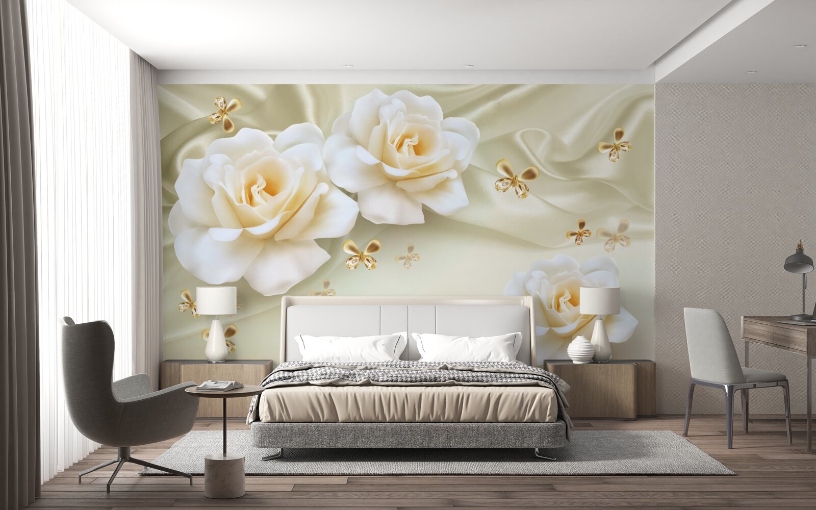 Fotobehang crèmekleurige rozen op een lichte achtergrond