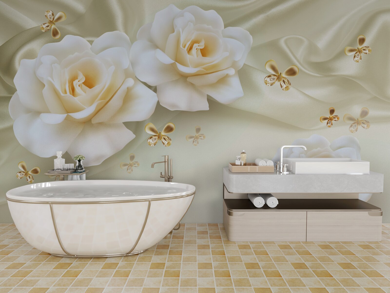 Fotobehang crèmekleurige rozen op een lichte achtergrond