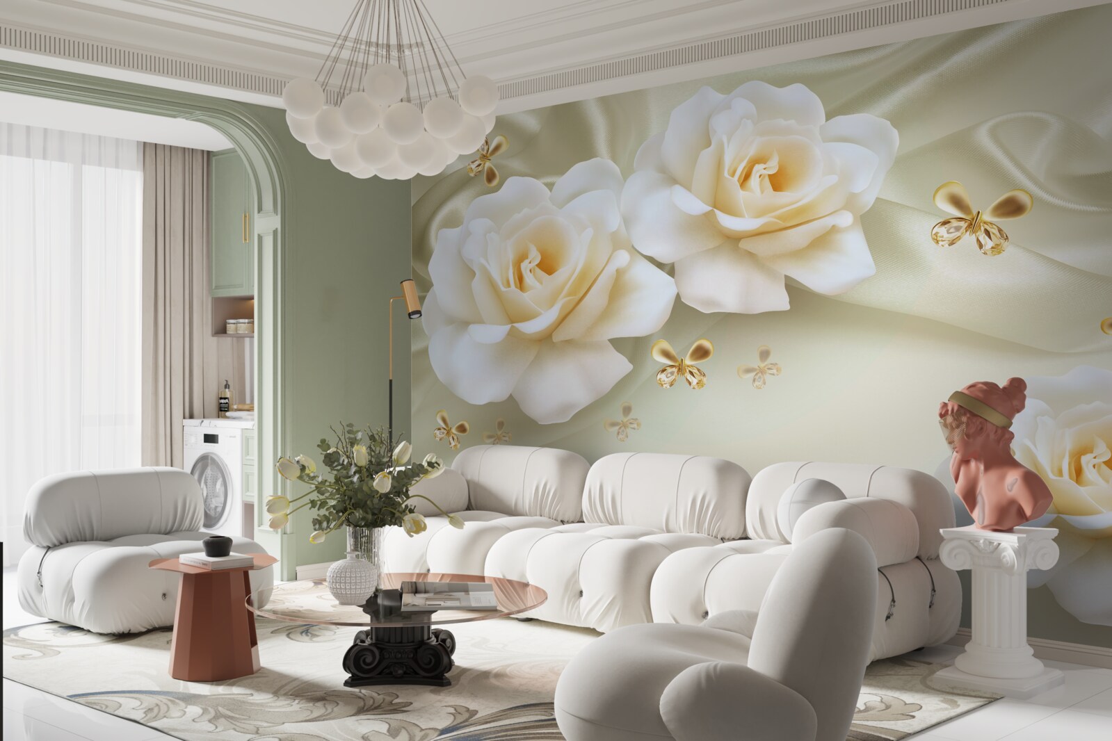 Fotobehang crèmekleurige rozen op een lichte achtergrond