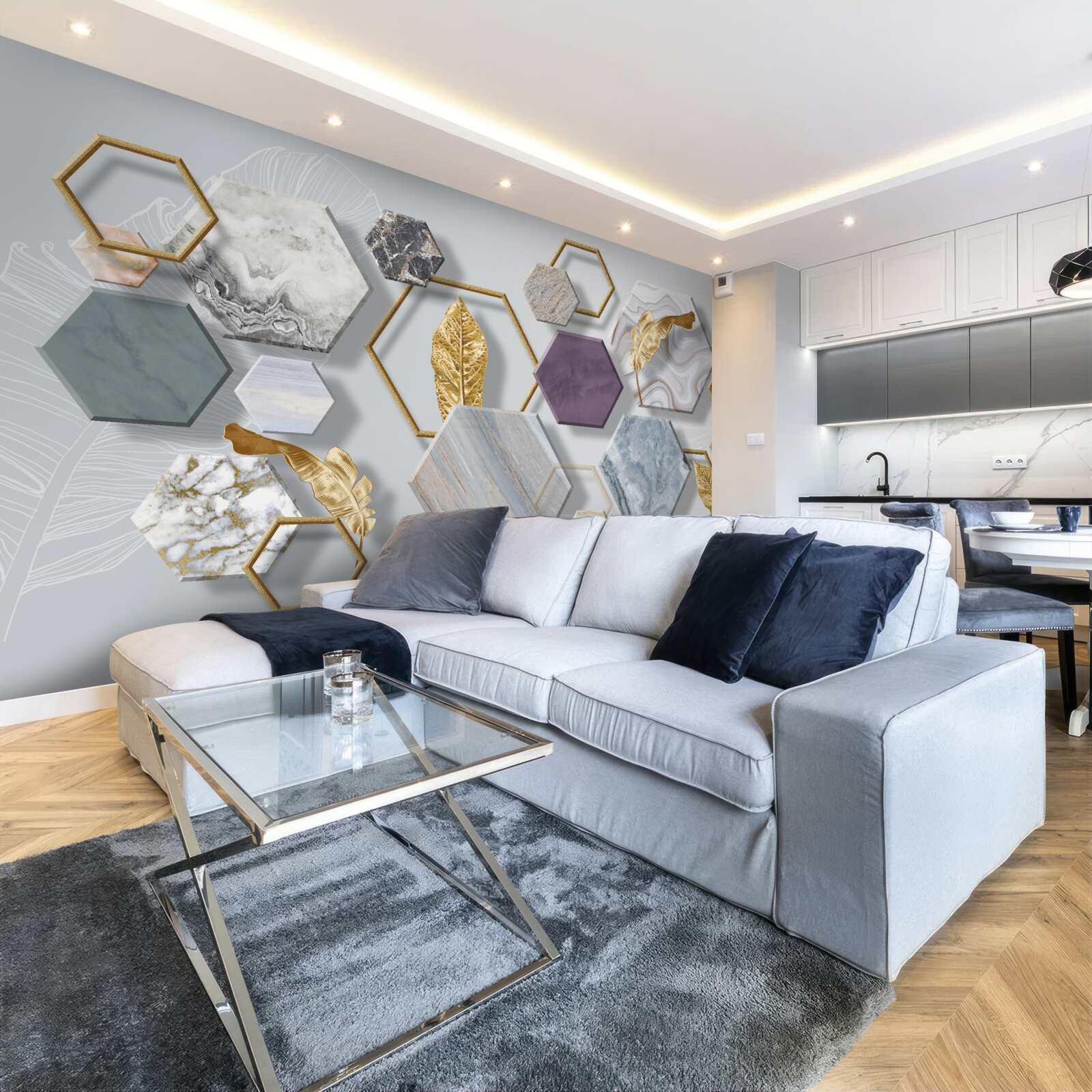 Fotobehang vijfhoeken met verschillende inhoud