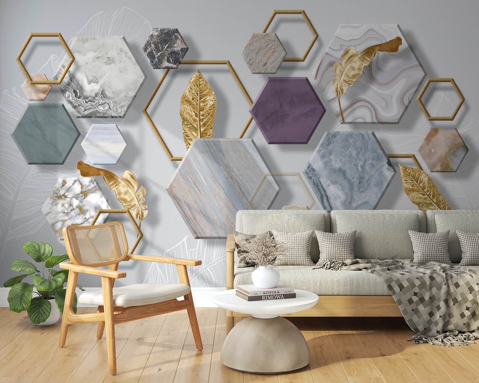 Fotobehang vijfhoeken met verschillende inhoud