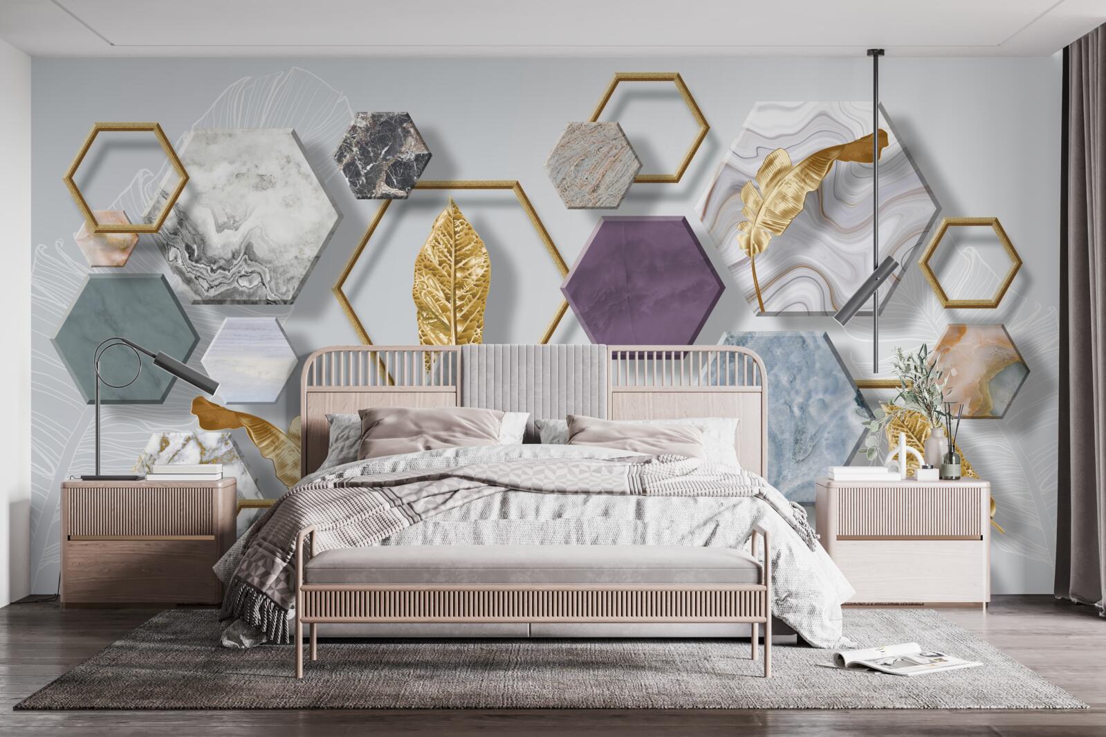 Fotobehang vijfhoeken met verschillende inhoud