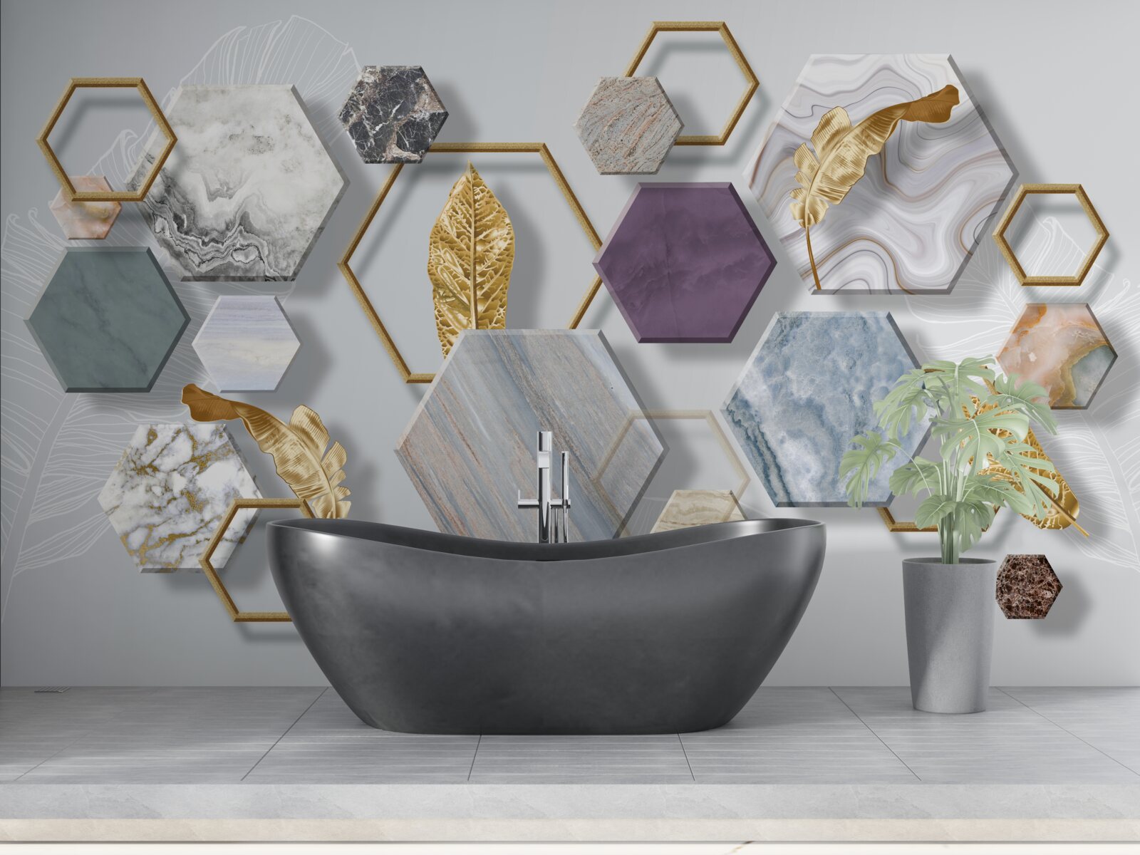 Fotobehang vijfhoeken met verschillende inhoud