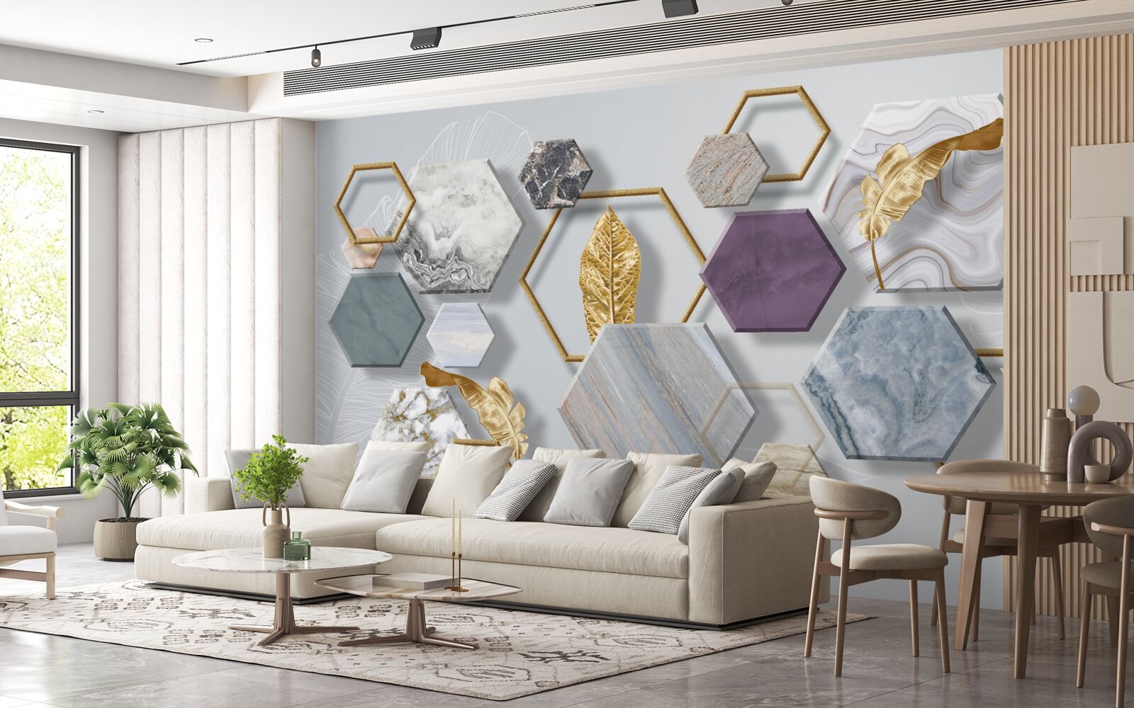 Fotobehang vijfhoeken met verschillende inhoud