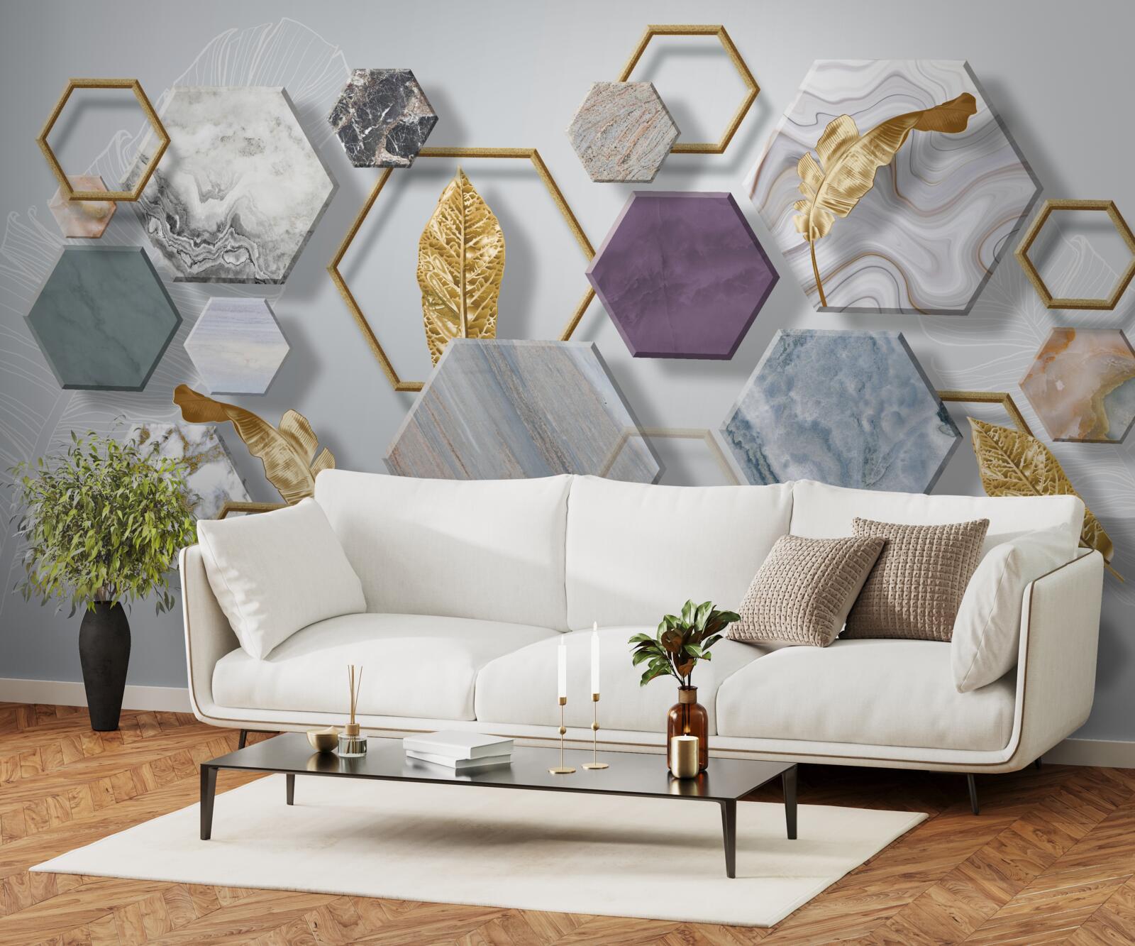 Fotobehang vijfhoeken met verschillende inhoud