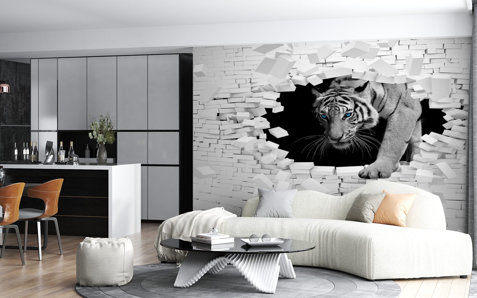 Fotobehang tijger vernietigt bakstenen muur