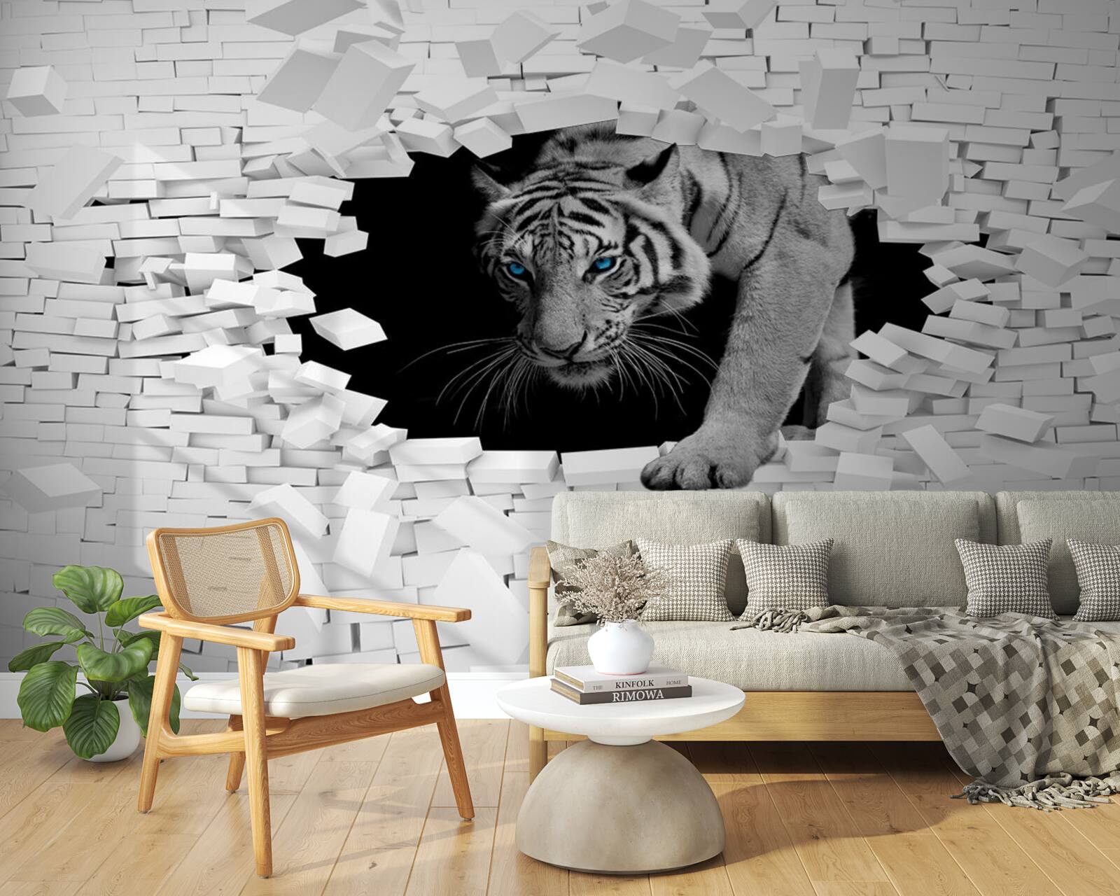 Fotobehang tijger vernietigt bakstenen muur