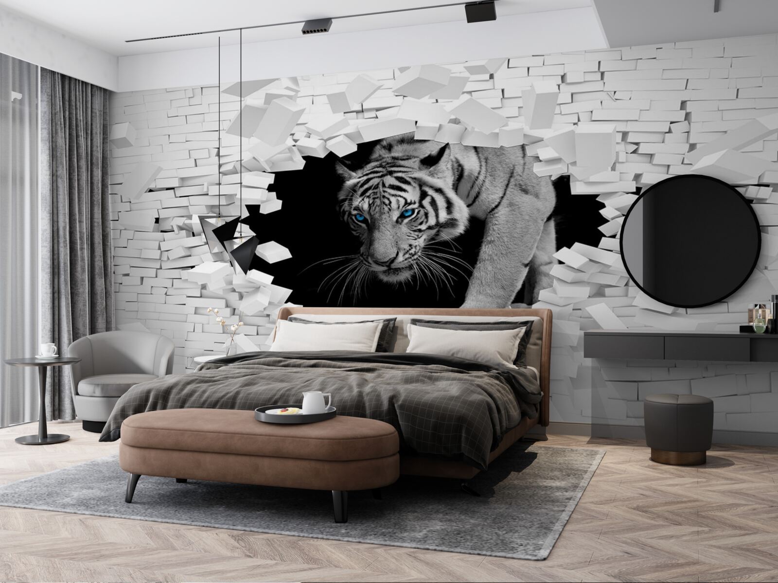 Fotobehang tijger vernietigt bakstenen muur