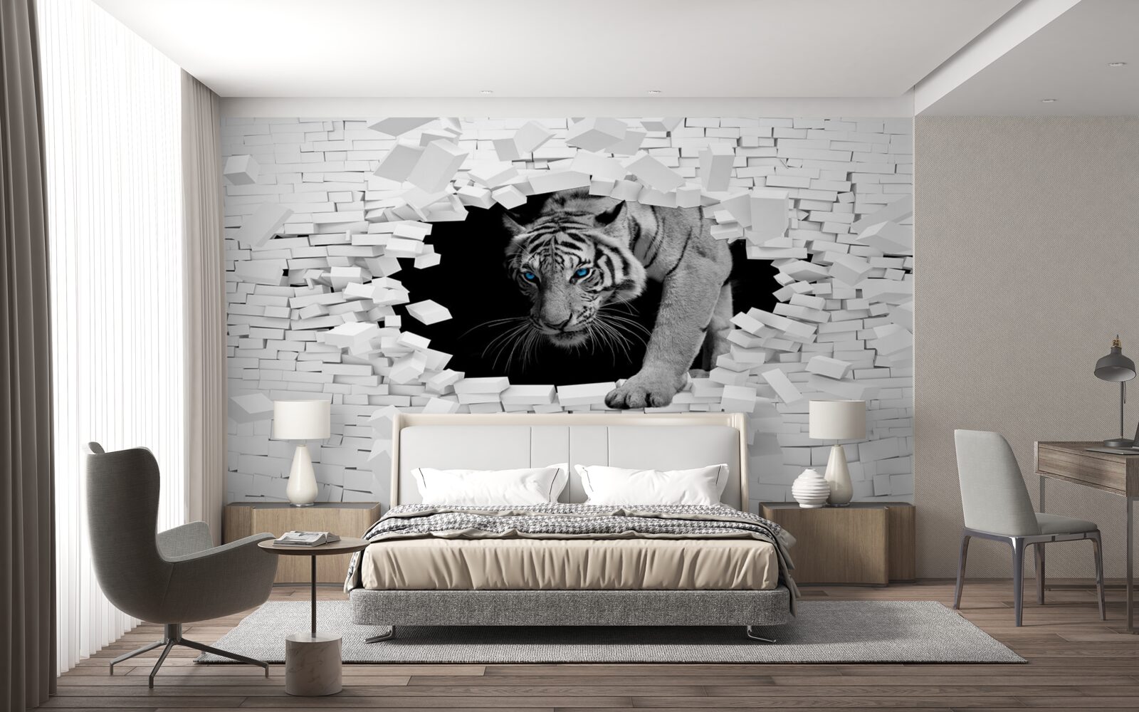 Fotobehang tijger vernietigt bakstenen muur