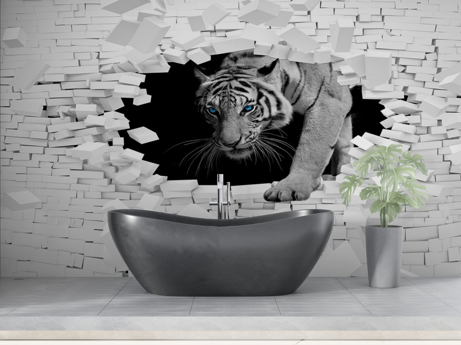 Fotobehang tijger vernietigt bakstenen muur