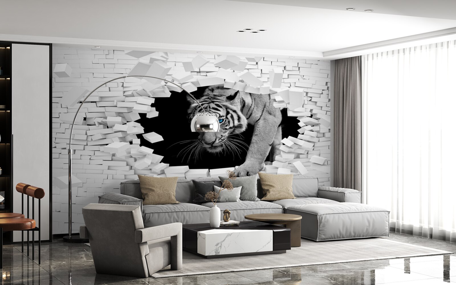 Fotobehang tijger vernietigt bakstenen muur