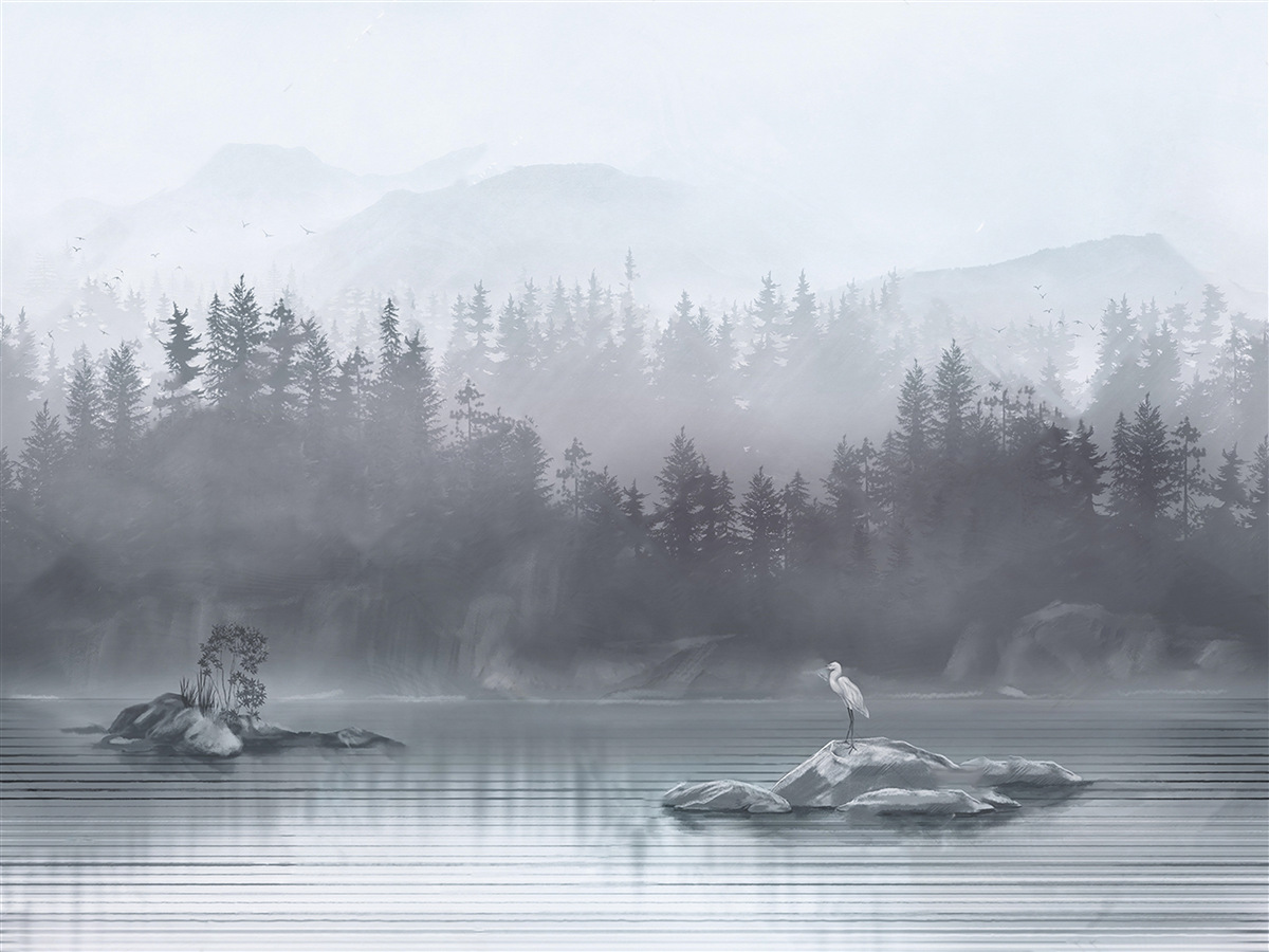 Fotobehang Kraanvogel woont alleen op een rots in het midden van een meer