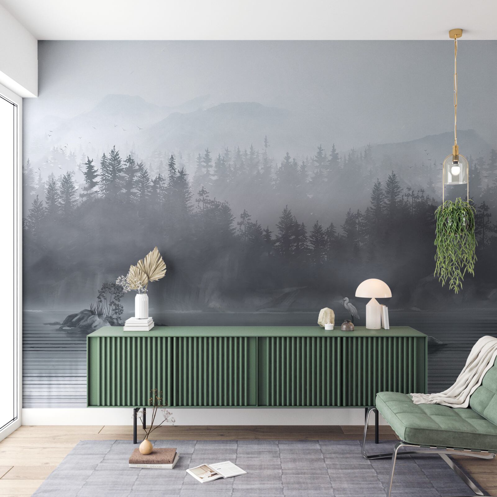 Fotobehang Kraanvogel woont alleen op een rots in het midden van een meer