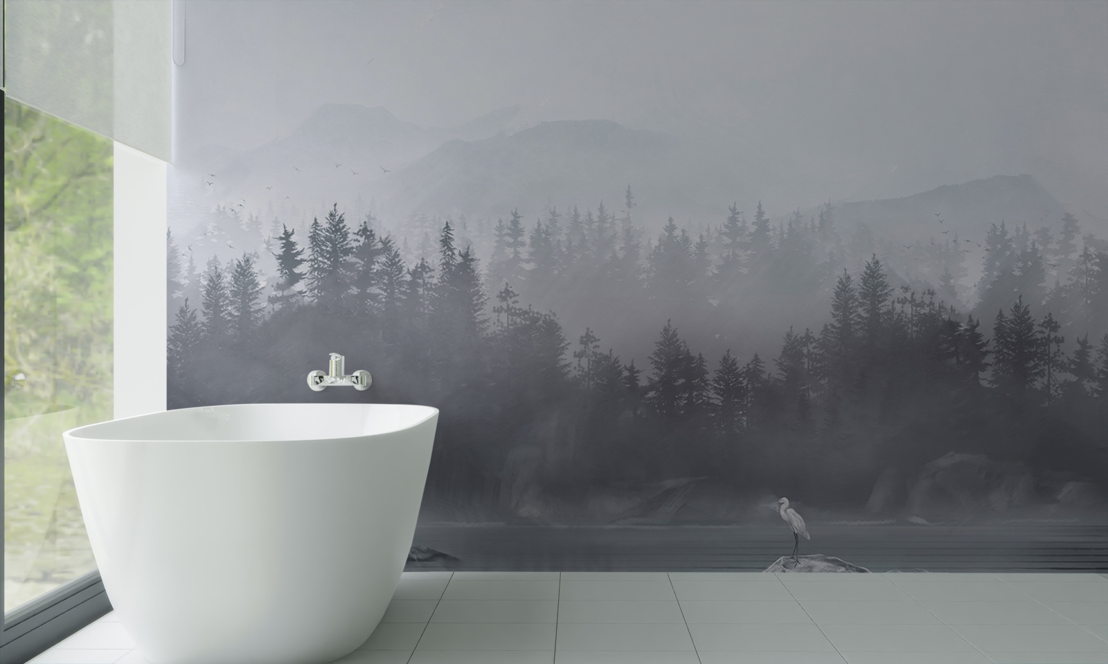 Fotobehang Kraanvogel woont alleen op een rots in het midden van een meer