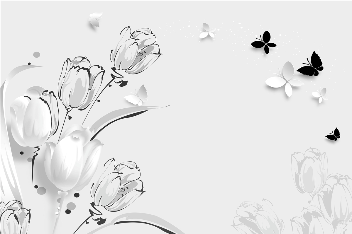 Fotobehang Sneeuwwitte tulpen en vlinders