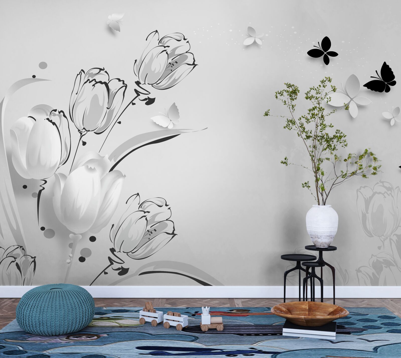 Fotobehang Sneeuwwitte tulpen en vlinders