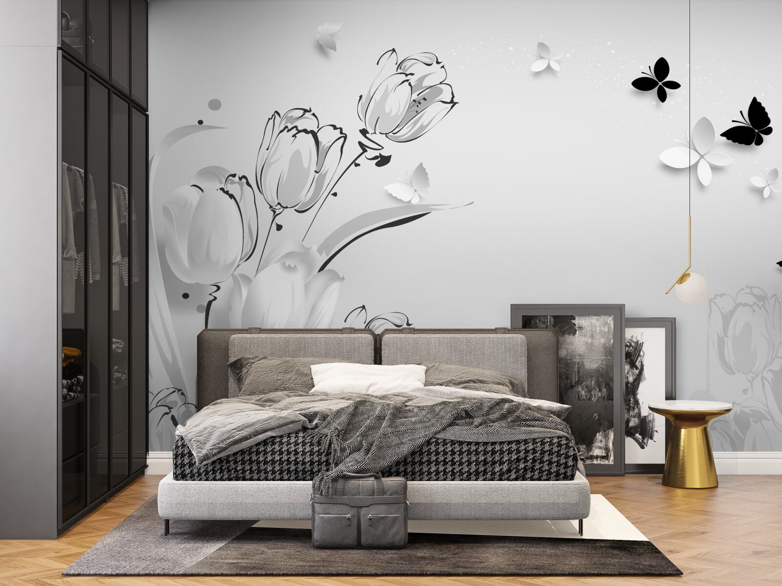 Fotobehang Sneeuwwitte tulpen en vlinders