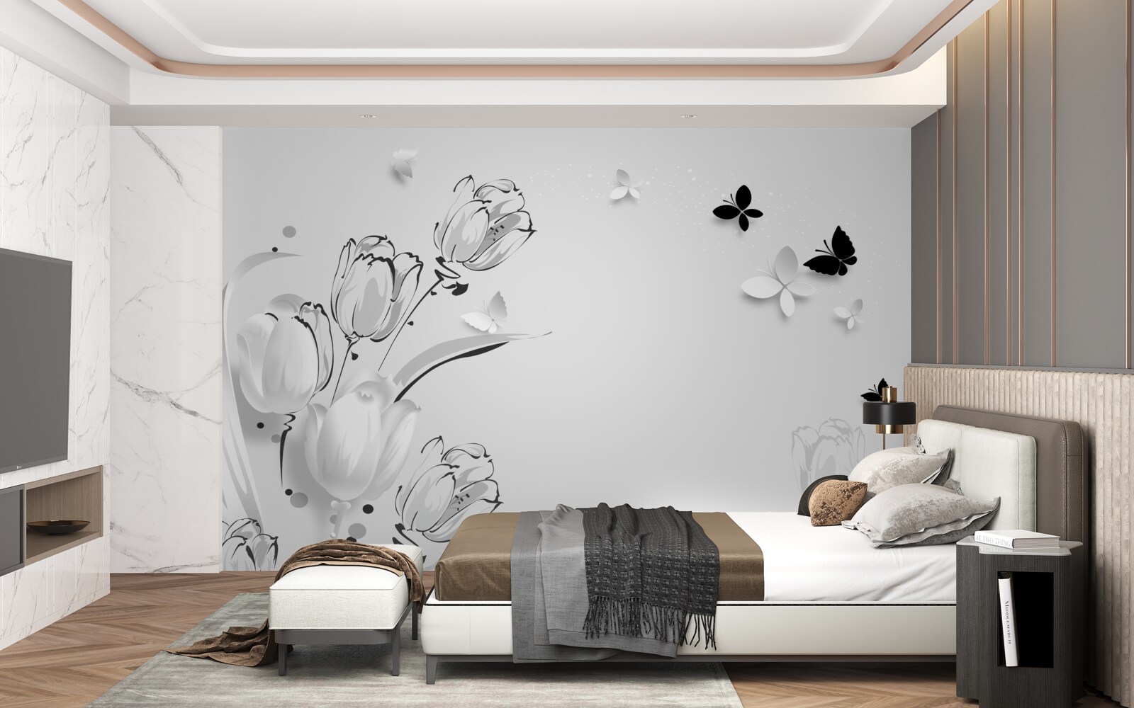 Fotobehang Sneeuwwitte tulpen en vlinders