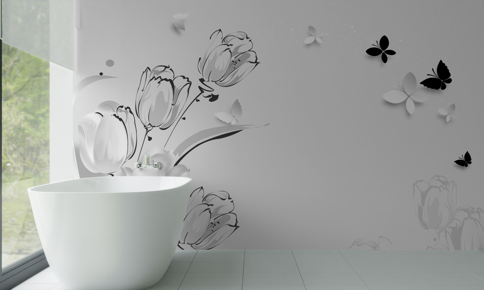 Fotobehang Sneeuwwitte tulpen en vlinders