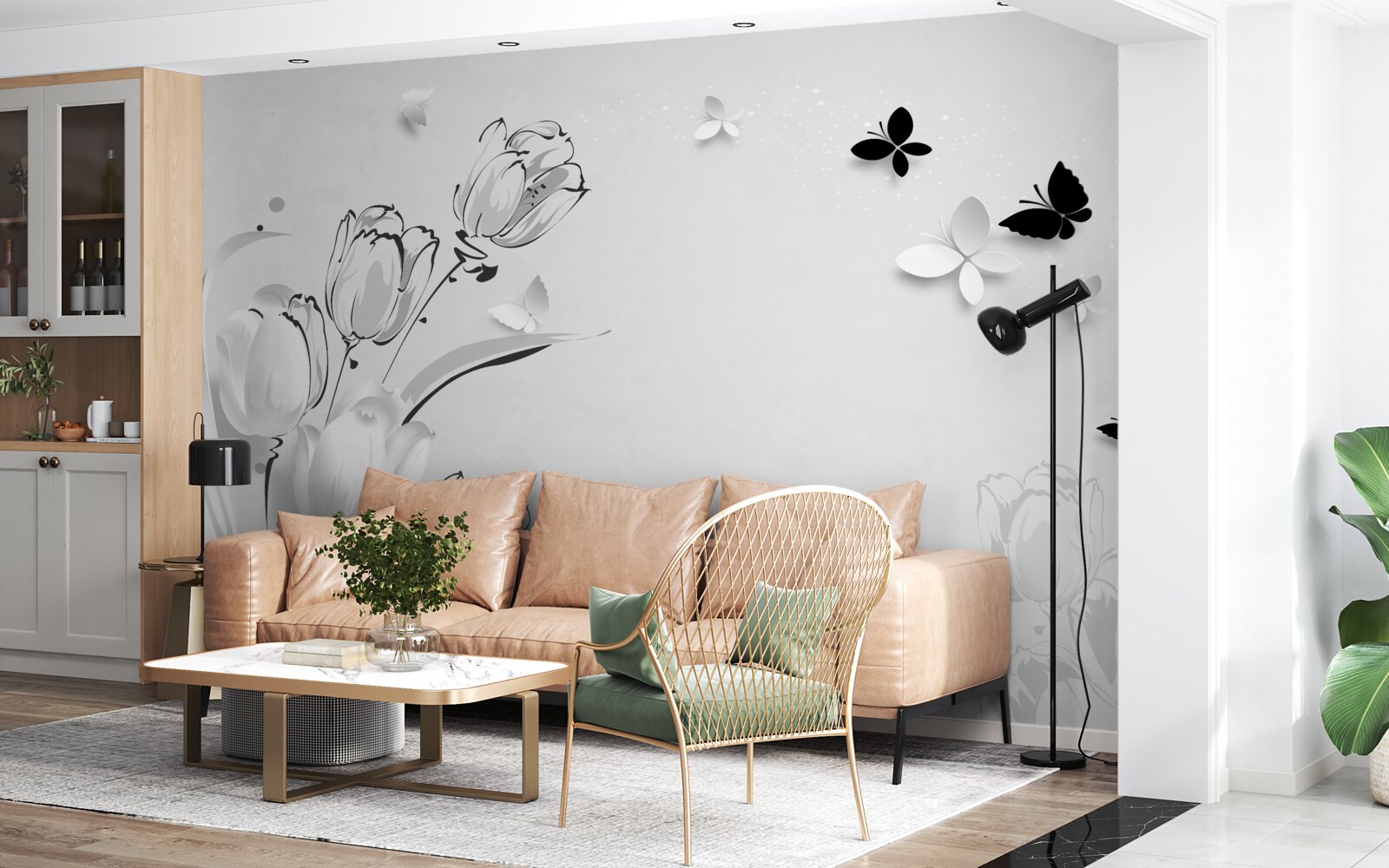 Fotobehang Sneeuwwitte tulpen en vlinders