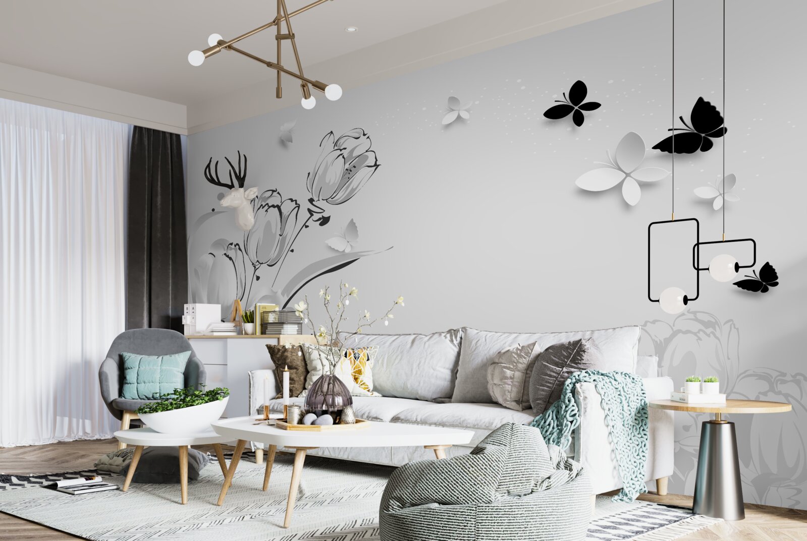 Fotobehang Sneeuwwitte tulpen en vlinders