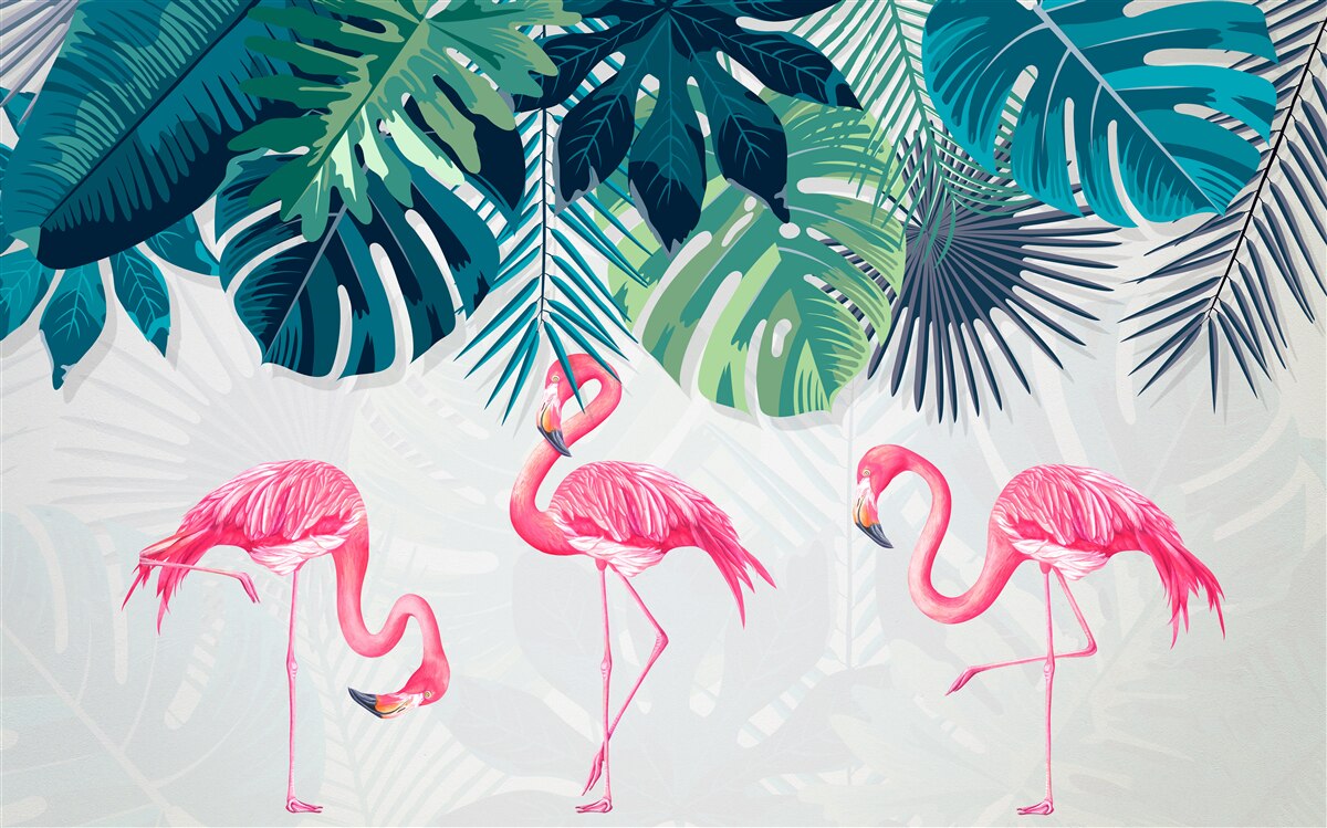 Fotobehang tropische vegetatie en vogels roze flamingo's
