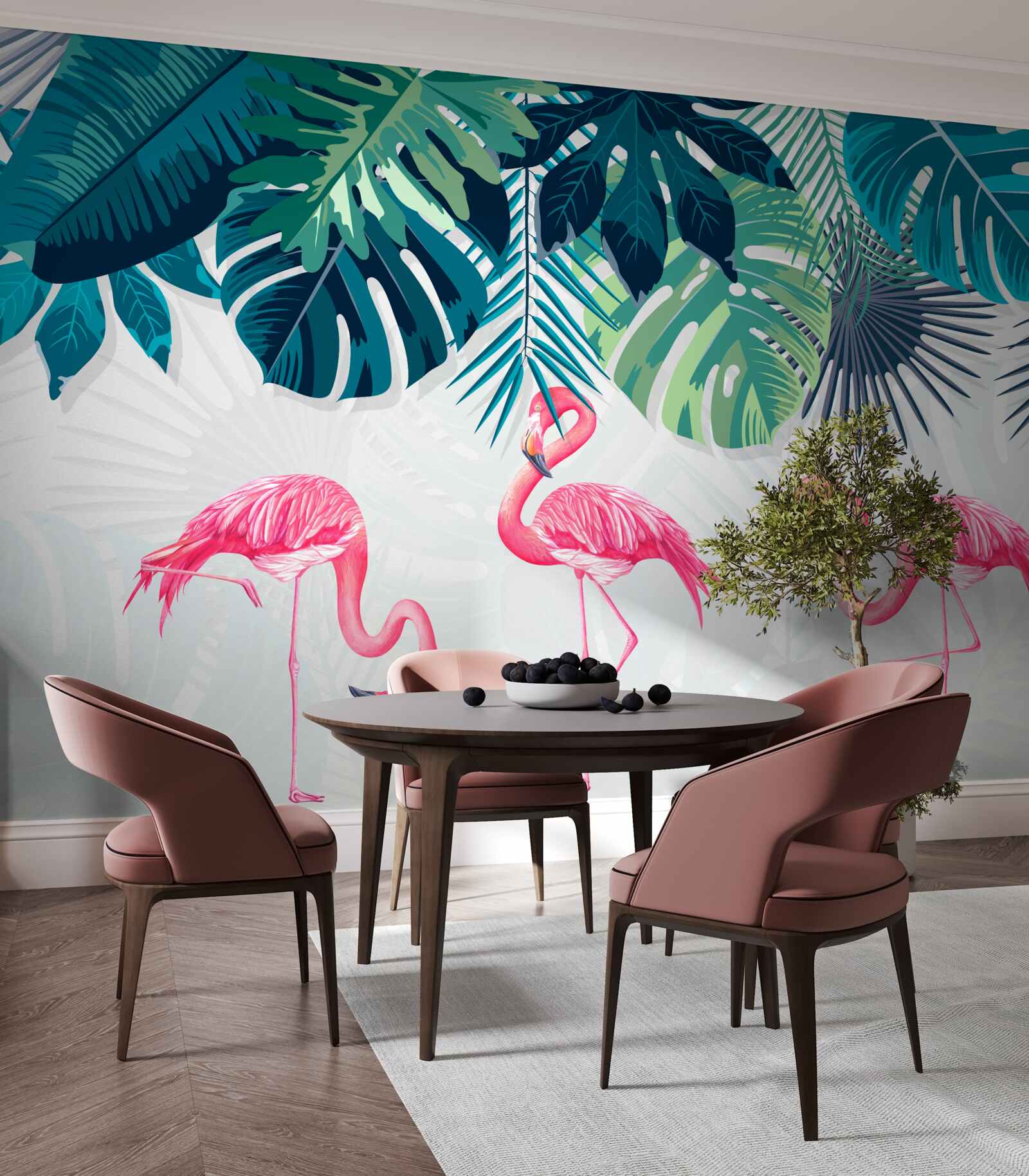 Fotobehang tropische vegetatie en vogels roze flamingo's