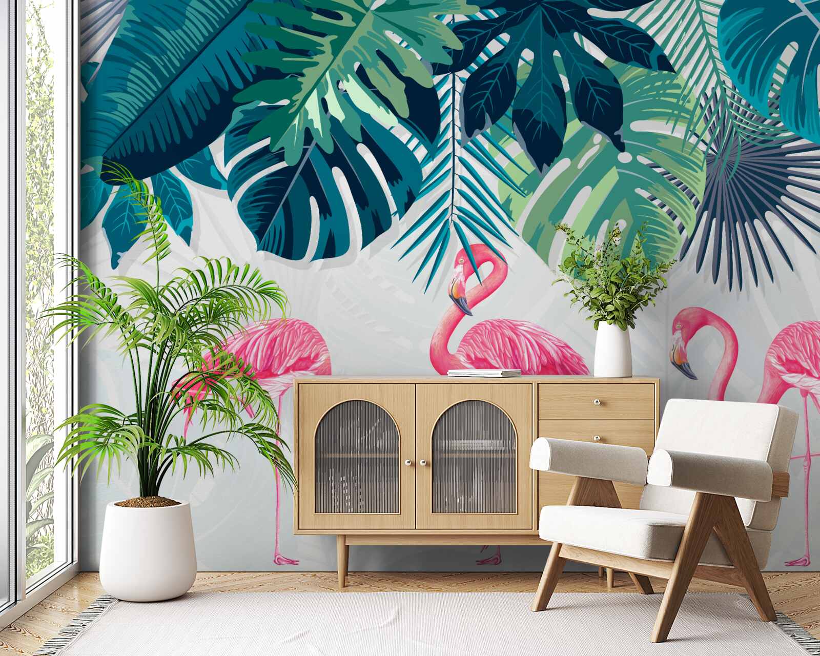 Fotobehang tropische vegetatie en vogels roze flamingo's