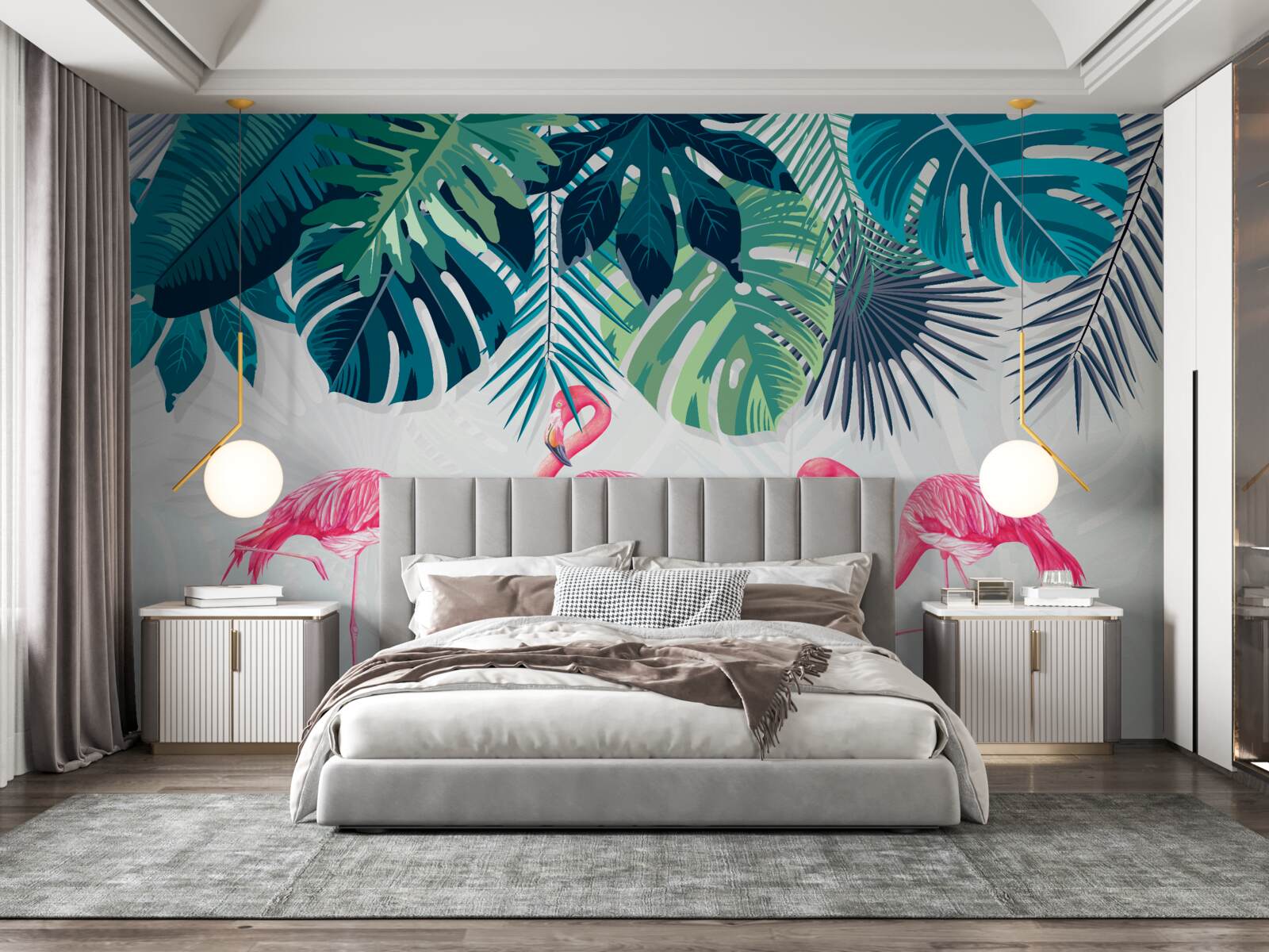 Fotobehang tropische vegetatie en vogels roze flamingo's