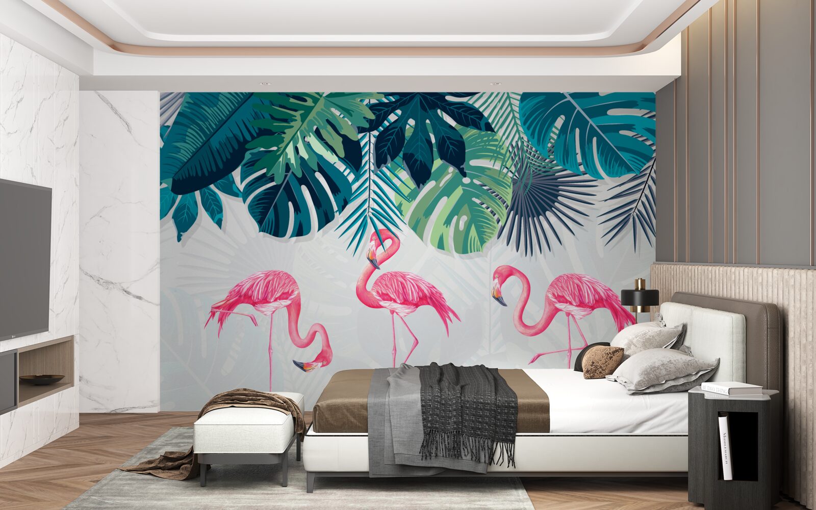 Fotobehang tropische vegetatie en vogels roze flamingo's