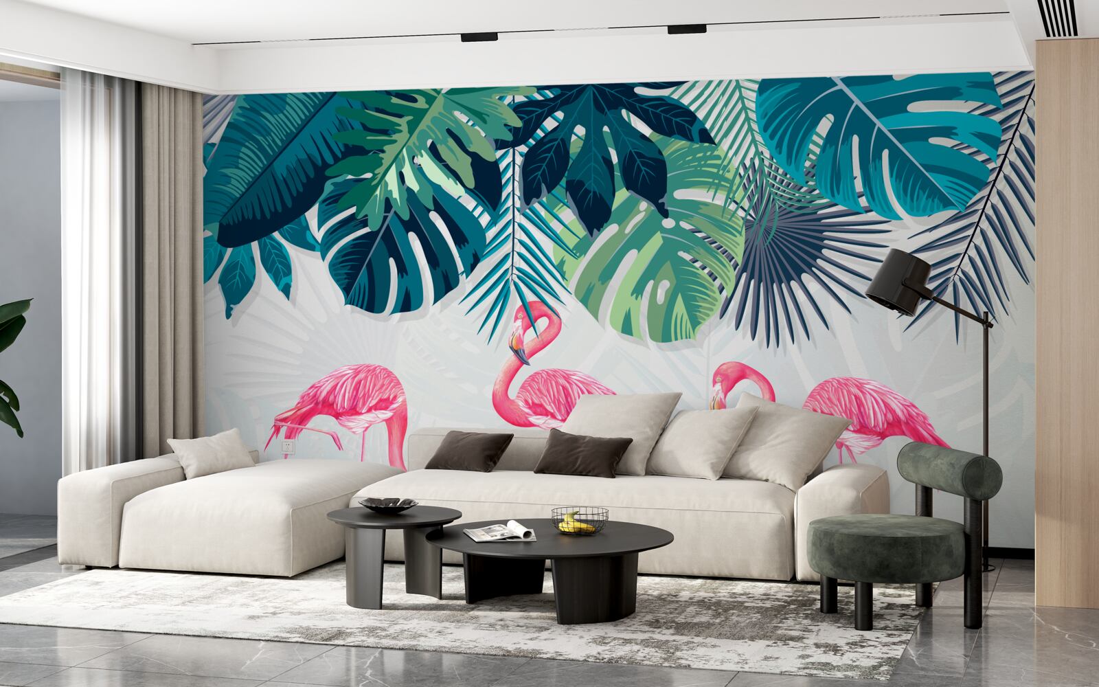 Fotobehang tropische vegetatie en vogels roze flamingo's