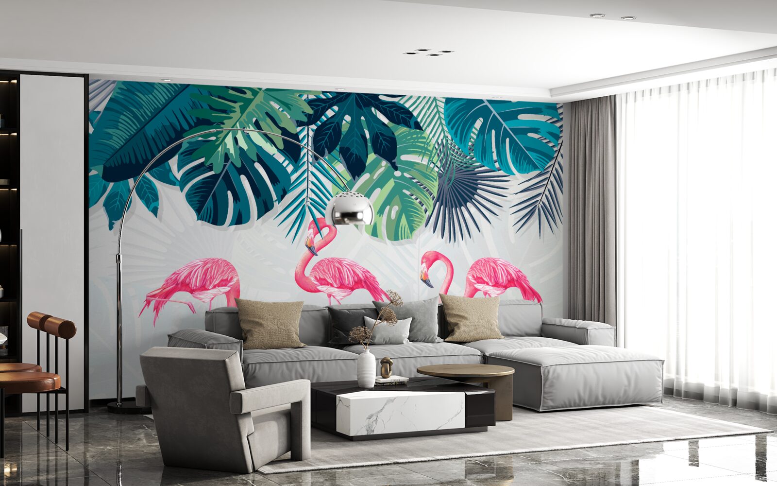 Fotobehang tropische vegetatie en vogels roze flamingo's