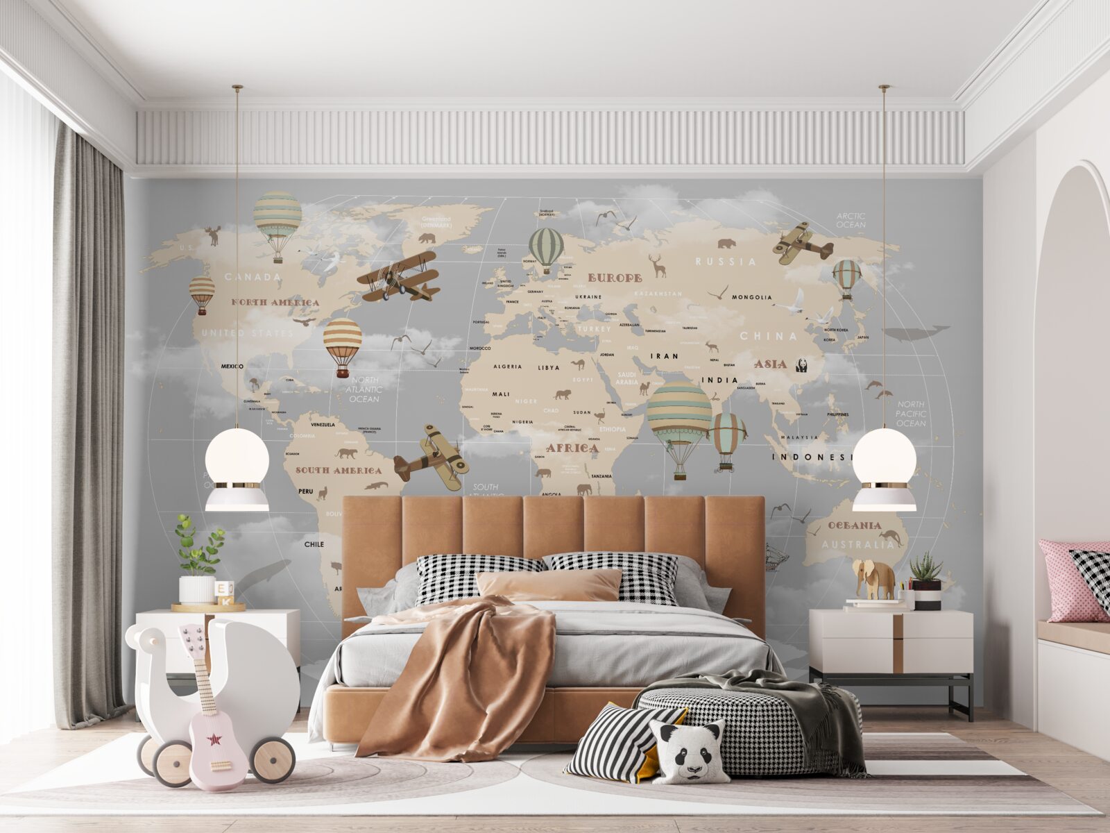 Fotobehang wereldkaart met verschillende vervoerswijzen